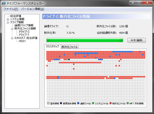 PCパフォーマンスチェッカー　断片化ファイル情報