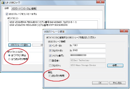 LB USBロック 「アクセス許可」、「アクセス禁止」、「読み取り専用」の設定が可能